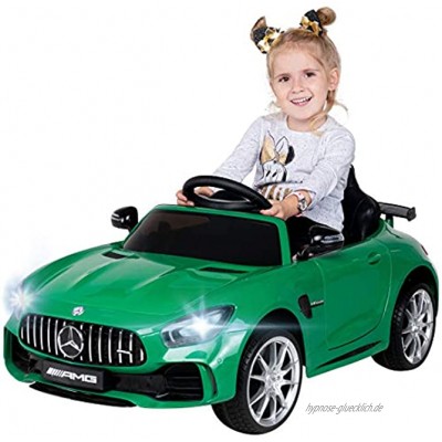 Actionbikes Motors Kinder Elektroauto Mercedes Amg GT-R lizenziert – 2 x 25 Watt Motor – Ledersitz Eva Reifen – Softstart Kinderauto Grün