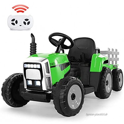 Elektro Traktor mit Anhänger 12V 7Ah Batterie Elektrischer Traktor mit 2.4G Fernbedienung 2 + 1 Gangschaltung Hupe Bluetooth USB-Anschluss MP3-Player 7 LED-Scheinwerfer Grün