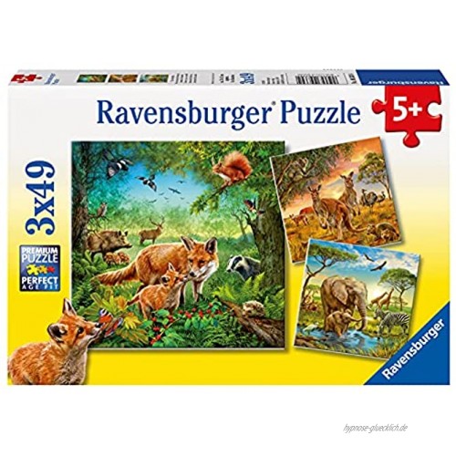Ravensburger Kinderpuzzle 09330 Tiere der Erde Puzzle für Kinder ab 5 Jahren mit 3x49 Teilen