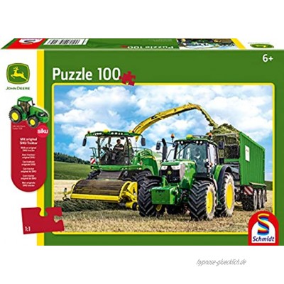 Schmidt Spiele Puzzle 56315 John Deere 6195M und Feldhäcksler 8500i 100 Teile Kinderpuzzle mit Siku Traktor bunt