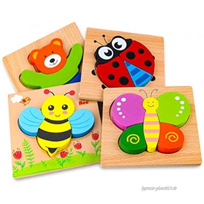 Afufu Holzpuzzle Holzspielzeug ab 1 2 3 Jahren 4 Stück Steckpuzzle Holz Montessori Spielzeug für Baby Tier Holzpuzzle Puzzle Kleinkind Lernspielzeug für Kinder