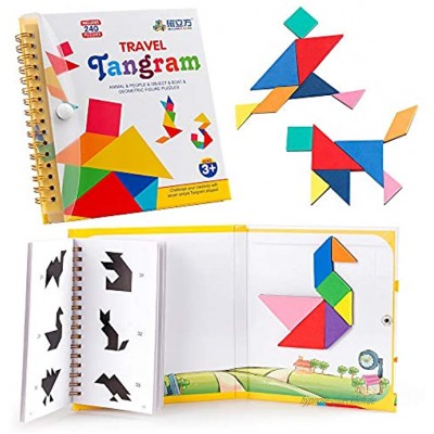 Coogam Travel Tangram Puzzle mit 3 Magnetic Tangram Road Trip Tangoes Jigsaw Shapes Dissektionsspiele mit Lösung IQ Book Pädagogisches Spielzeug Rätselgeschenk