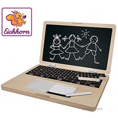Eichhorn 100002575 Holzlaptop mit Puzzle 14-teilig Bildschirmfläche zum Beschreiben mit Kreide Tastatur bestehend aus 6 Puzzleteilen 32x20 cm inkl. 6 Kreiden und Schwamm