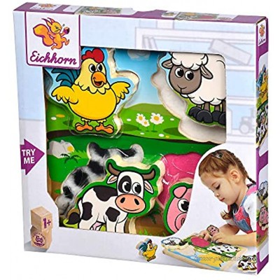 Eichhorn 100003687 Fühl-Puzzle mit Stoff Bauernhoftiere mit Te x tilelementen aus Holz 5 teilig 20 x 20 cm groß für Kinder ab einem Jahr