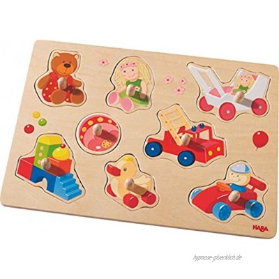 HABA 301963 Greifpuzzle Meine ersten Spielzeuge | Holzspielzeug ab 12 Monaten | 8-teiliges Puzzle aus Holz mit bunten Spielzeugmotiven | Mit großen Knöpfen zum Greifen