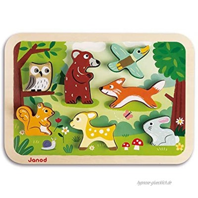 Janod J07023 Steckpuzzle mit Vertiefungen aus Holz Wald-Motiv 7 Teile frühkindliches Lernspielzeug für Kinder ab 18 Monaten