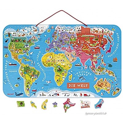 Janod Puzzle Weltkarte Magnetische Landkarte aus Holz 92 Magnetische Puzzle-Teile 70 x 43 cm Deutsche Version Lernspiel ab 7 Jahren J05490