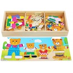 Toys of Wood Oxford Holzpuzzle und Steckspiel Ankleiden der Bären Familie 72-teiliges Spielzeug in Einer Holzkiste mit Fächern