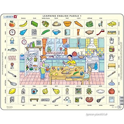 Larsen 7023852108970 Puzzle 70 Teile-Rahmenpuzzle-Learning English 1: In der Küche