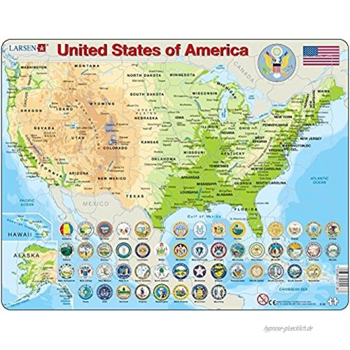 Larsen K36 Vereinigte Staaten von Amerika Physikalische Karte Englisch Ausgabe Rahmenpuzzle mit 90 Teilen