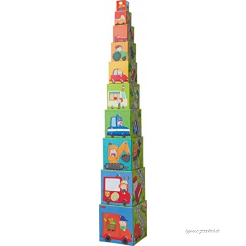 HABA 301524 Stapelwürfel Flotte Flitzer | Turm zum Stapeln aus 10 Würfeln | Bausteine aus Pappe mit bunten Fahrzeug-Motiven | Spielzeug ab 12 Monaten