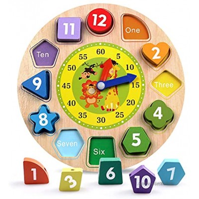 Reastar Lernuhr Uhr-Spielzeug aus Holz Lernspiel aus Holz Kinderspielzeug Lernuhr Montessori Spielzeug mit Seil Zahl und Tier Muster Pädagogisches Lernen Spielzeug für Kinder ab 3 Jahren