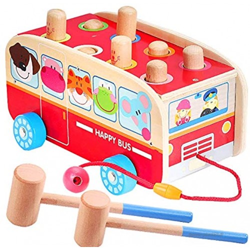 Vanplay Klopfbank Holz Hammerspiel für Kinder ab 2 Jahre 3 in 1 Ziehen Entlang Bus Spielzeug Hämmerchenspiel Holzspielzeug für Mädchen Junge