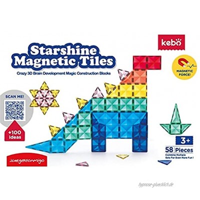KEBO Starshine Magnetic Tiles transparente leuchtende Farben Bausteine für Kinder ideal für Lichttische 58 Stücke