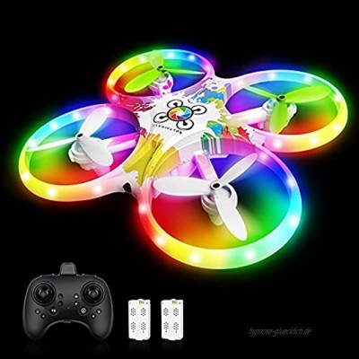 Drohne für Kinder Bunte LED-Lichter Leuchten Quadrocopter mit 5 Intelligente Sensor Dual Akku 18 Minuten RC Drone Helikopter Ferngesteuertes Flugzeug Spielzeug für Sohn Mädchen Weihnachten Geschenk