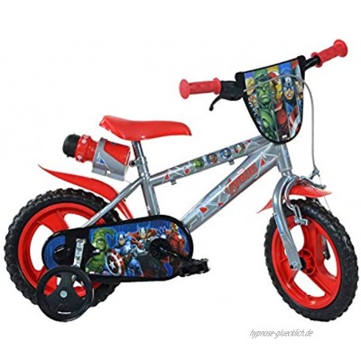 Dino Avengers Kinderfahrrad Marvel Jungenfahrrad 12 Zoll Kinderrad mit Stützrädern und Trinkflasche
