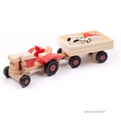 Brink Holzspielzeug Trecker aus Holz mit Anhänger und 4 Tieren Bauernhof Holzspielzeug Traktor Holztrecker Fahrzeug Spielzeugaut