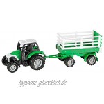 Idena 40291 Traktor aus Kunststoff mit Rückziehmotor Anhänger und abnehmbarem Frontlader ca. 28 x 9,3 x 7 cm