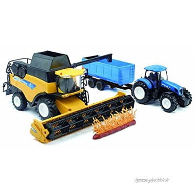 New Ray–05763–Fahrzeug Miniatur–Coffret New Holland Mähdrescher + Traktor und Seine Anhänger