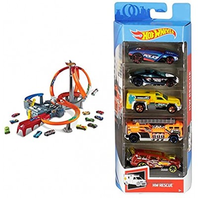 Hot Wheels Action Mega Crash Superbahn Trackset mit Loopings und Kurven inkl. 2 Starter und 1 Spielzeugauto & 5er Pack 1:64 Die-Cast Fahrzeuge Geschenkset je 5 Spielzeugautos zufällige Auswahl