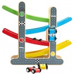 Jacootoys Hölzerne Rennstrecke Auto Rampe Racer Mit 4 Mini Autos Kleinkind Spielzeug Für 1 2 Jahre Alten Jungen und Mädchen Geschenke