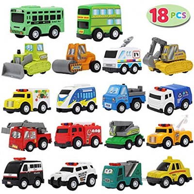 JOYIN 18 Stück Zurückziehen Stadtautos und Lastwagen Spielzeugfahrzeug-Set Modellauto reibungsbetriebene Druckgussautos für das Lernspiel von Kleinkindern Jungen und Mädchen