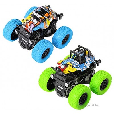 m zimoon Trägheit Auto 2 Stück Monster Truck Spielzeug 360 Grad Rotierende Reibungsbetriebene Rennwagen Zurückziehen Fahrzeug Blau Grün