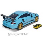 Majorette Porsche 911 GT3 RS Carry Case Aufbewahrungsbox für 9 Autos 7,5 cm mit original Porsche Sound inkl. 1 Porsche 911 GTR RS Spielzeugauto in gelb Batterien enthalten 35 cm blau