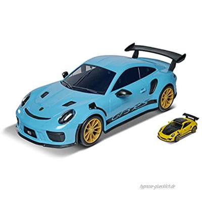 Majorette Porsche 911 GT3 RS Carry Case Aufbewahrungsbox für 9 Autos 7,5 cm mit original Porsche Sound inkl. 1 Porsche 911 GTR RS Spielzeugauto in gelb Batterien enthalten 35 cm blau