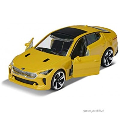 Majorette Premium Kia Stinger Spielzeugauto Freilauf zu öffnende Teile Federung Sammelkarte 7,5 cm gelb für Kinder ab 3 Jahren