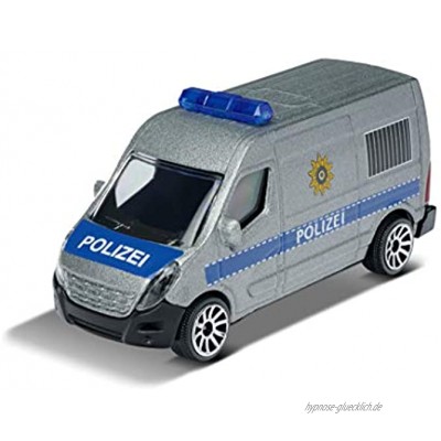 Majorette Renault Master Polizei Polizeibus Polizeiauto Einsatzfahrzeug Spielzeugauto mit Freilauf zu öffnende Teile Auto aus Metall 7,5 cm silber blau für Kinder ab 3 Jahren