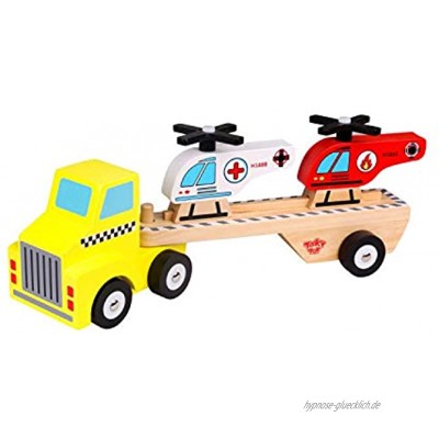 Tooky Toy buntes Holzspielzeug Transporter mit 2 Helikoptern LKW Kinderspielzeug mit Anhänger- Spielzeugauto für Kleinkinder