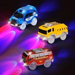 Tyhbelle 3er Pack Set Magic Car Auto Tracks Spielzeug für Kinder,Leuchten Spielzeugautos 5 LED-Blinklichtern Blauer Polizeiwagen roter Bus gelber LKW kompatibel mit den meisten Rennstrecken