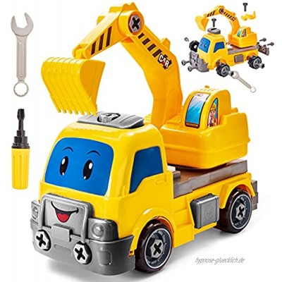 BUYGER Montage Bagger Spielzeug Baufahrzeuge Spielzeugauto LKW mit Schraubendreher Geschenke für Kinder Junge 3 Jahren