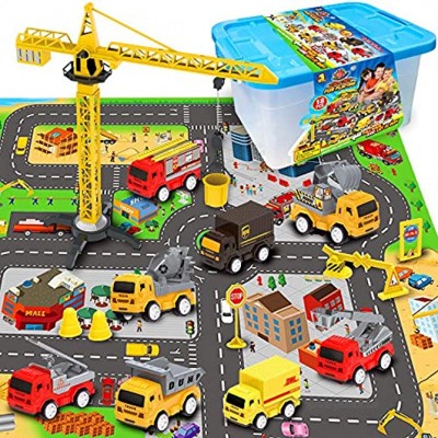 EP EXERCISE N PLAY Mini-Feuerwehrauto-LKW-Transport-Lieferwagen-Baufahrzeug-Spielset mit einem Kinderspielauto-Stadtplan 28 x 31 technischen Fahrzeugspielzeugautos für Kinder Jungen oder Mädchen