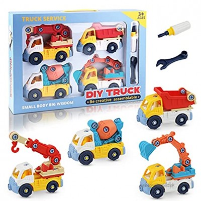 Sirecal Baby Spielsachen Spielzeugauto Baufahrzeuge Konstruktionsfahrzeuge 4 in 1 Satz mit Kranmischer LKW Muldenkipper Bagger Spielzeug Auto für Kleinkind