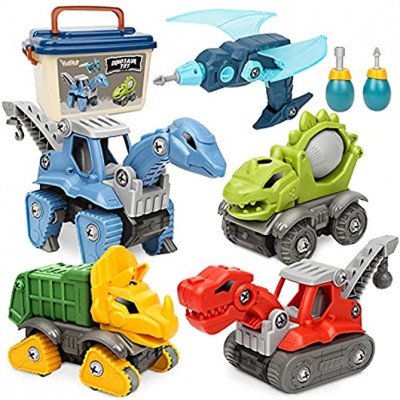 Vanplay Montage Baustellenfahrzeuge Dinosaurier Spielzeug LKW für Kinder 5 in 1 Bagger Müllwagen Spielzeug mit Elektrische Bohrmaschine Aufbewahrungsbox für Jungen Mädchen