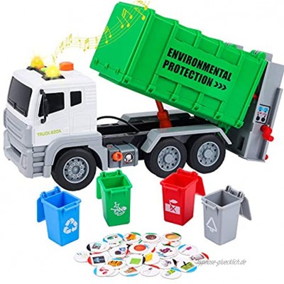 Tacobear Müllauto Müllwagen Spielzeug Großer Lastwagen Müllwagen Spielzeug mit 4 Mülleimer Sound und Licht Fahrzeuge Spielzeug Geschenk für Kinder Jungen 3 4 5 6 7 8 Jahre