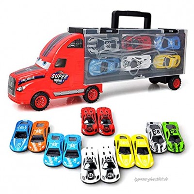 Truck Set LKW Transportfahrzeug Autotransporter Tragegriff mit 12 Rennautos Spielzeug Perfektes Geschenk für Jungen Rot