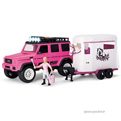 Dickie Toys 203838007 Horse Trailer Playlife Mercedes Benz AMG 500 Set 18-teiliges Spielset Zubehör Pferdeanhänger mit Pferd & Figur Licht & Sound inkl. Batterien 40 cm pink ab 3 Jahren