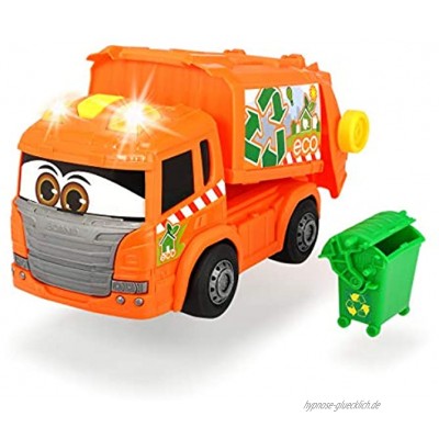 Dickie Toys Happy Garbage Collector motorisiertes Müllauto fährt vorwärts-rückwärts Licht & Sound inkl. Batterien manuelles Heben und Senken des Containers und der Mülltonne 25 cm groß orange