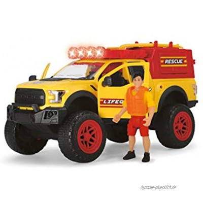 Dickie Toys Playlife-Wasserrettungs-Set Ford Raptor mit Notfallbox Anhänger mit Yamaha Jet Ski inkl. Spielfigur Rettungsschwimmer Boje Surfbrett Rettungsring Licht & Sound 38 cm ab 3 Jahren