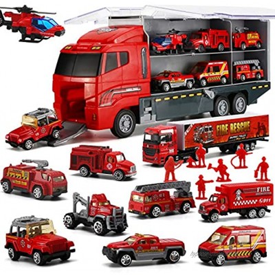 LYKJ-karber 19 in 1 Feuerwehrauto Set Feuerwehr Spielzeug Fire Trucks im Lastwagen mit 9 Figuren für Kinder ab 3 Jahren