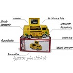 Majorette 212052016Q05 Vintage Deluxe VW T1 Foodtruck Bully Spielzeugauto Freilauf Exklusives Auto Design Gummireifen Sammelbox 7,5 cm gelb rot für Kinder ab 3 Jahren
