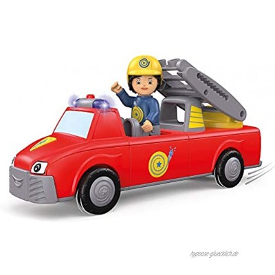 Toddys by siku 0124 Harry Helpy 3-teiliges Feuerwehrauto mit Licht und Sound Zusammensteckbar Inkl. beweglicher Spielfigur und Leiter Hochwertiger Schwungradmotor Rot Gelb Ab 18 Monaten