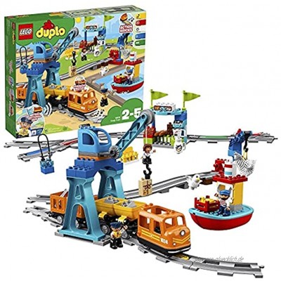 LEGO 10875 DUPLO Güterzug „Push & Go“-Lok mit Lichtern und Geräuschen Funktionssteinen und 2 Kranen Spielzeug für Kinder ab 2 Jahre
