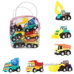 BAQSOO Mini-Autos ziehen Fahrzeuge zurück Set 6 Stück zurückziehen und gehen Mini-Auto Baufahrzeuge Spielzeug-Set Cartoon Push-and-Go-Autos Bagger Spielzeug Spielset für Kinder Jungen Mädchen