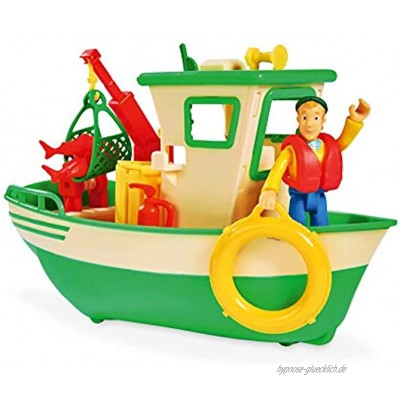 Simba 109251074 Feuerwehrmann Sam Charlies Fischerboot mit Charlie Figur beweglicher Kran und mechanische Seilwinde schwimmt auf dem Wasser 19cm für Kinder ab 3 Jahren