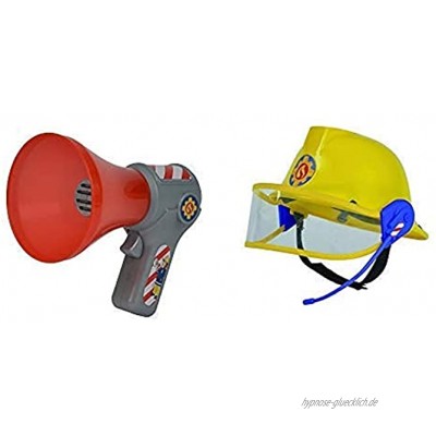 Simba 109258699 Feuerwehrmann Sam Megaphon mit Stimmenverzerrer & 109258698 Feuerwehrmann Sam Helm in gelb 23 cm