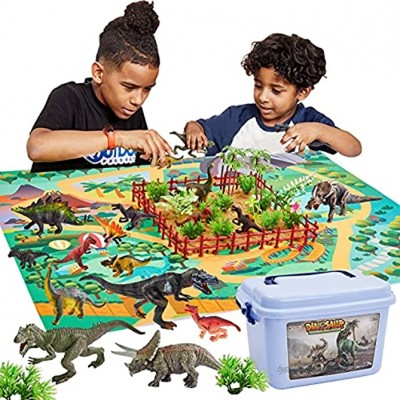 BUYGER 58 Stück Dinosaurier Spielzeug Set mit Spielmatte Bäume Dinosaurier Figuren Einschließlich T-Rex Triceratops Brachiosaurus Geschenke für Kinder Jungen Mädchen ab 3 Jahre